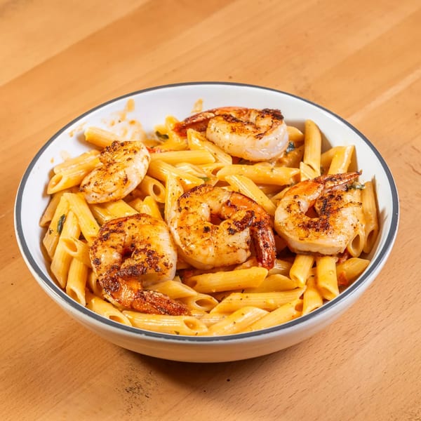A white bowl filled with penne pasta and grilled shrimp in a creamy orange sauce.