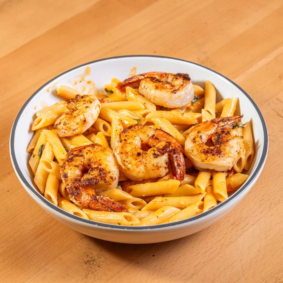 A white bowl filled with penne pasta and grilled shrimp in a creamy orange sauce.