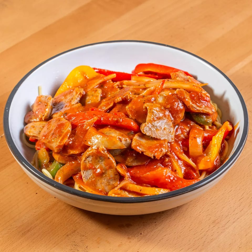 A white bowl filled with Italian sausage, red and yellow bell peppers, and onions in a rich tomato sauce.