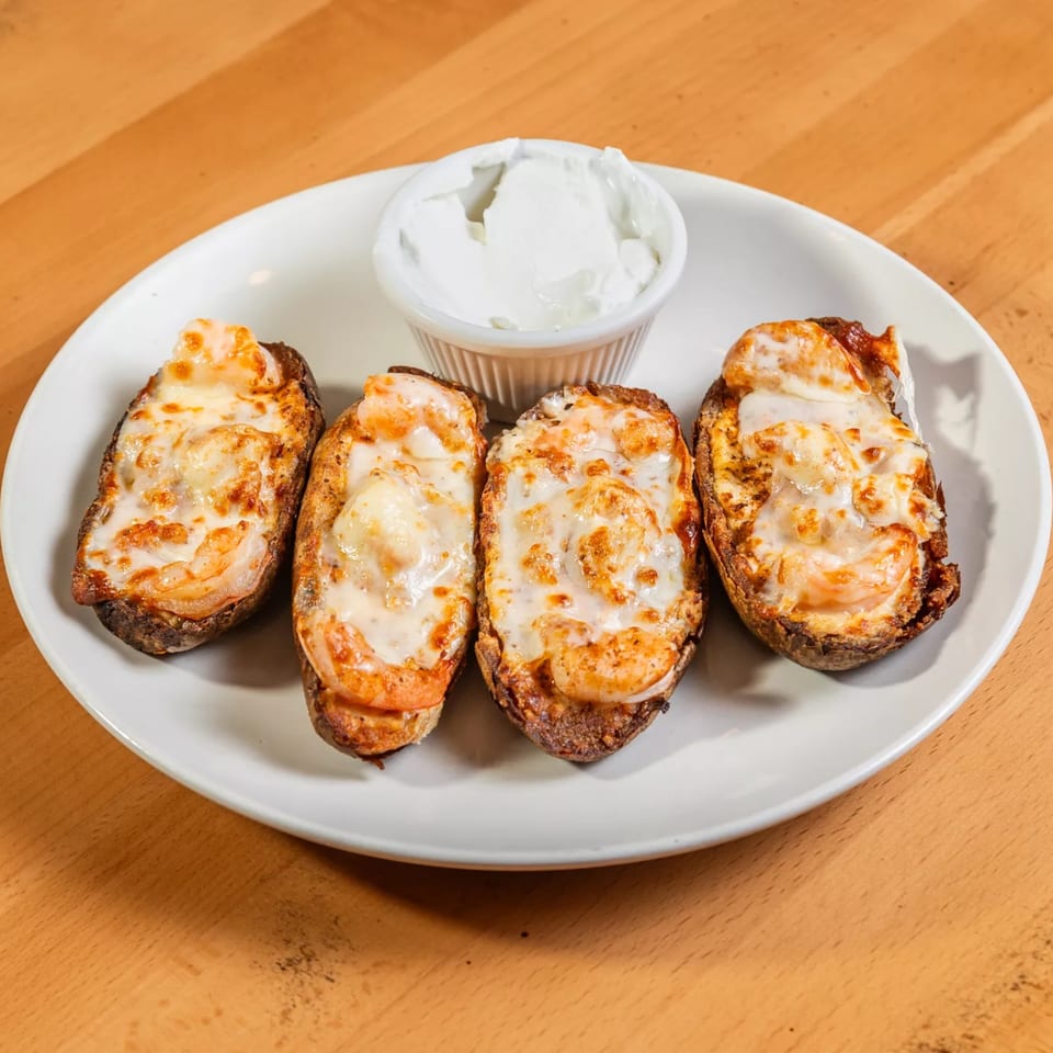 Four shrimp bruschetta with melted cheese and a side of white dipping sauce on a white plate.