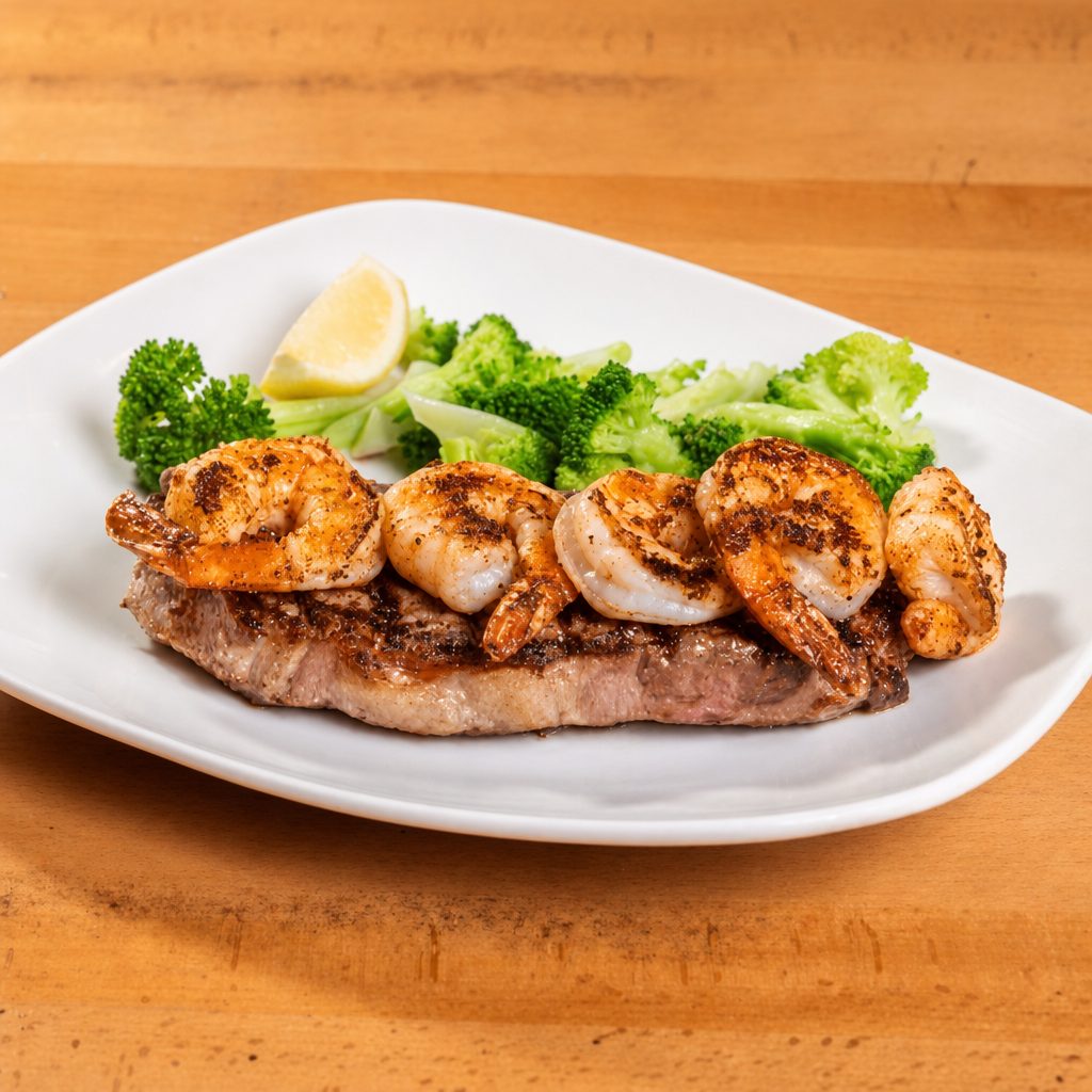 12 Oz NY Steak and Shrimp.